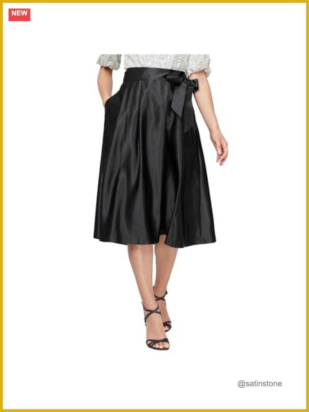 Women's Tea Length Satin Midi Skirt with Tie Belt, Zipper Closure